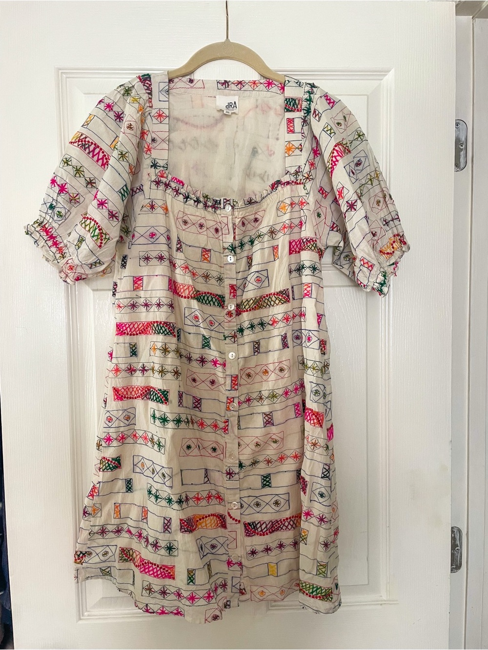 Anthropologie Embroidered Cream Short-Sleeve Button Front Dress